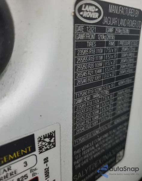 2022 Land Rover Range Rover Velar R-Dynamic S z USA, uszkodzony, nr VIN SALYT2EX7NA329915